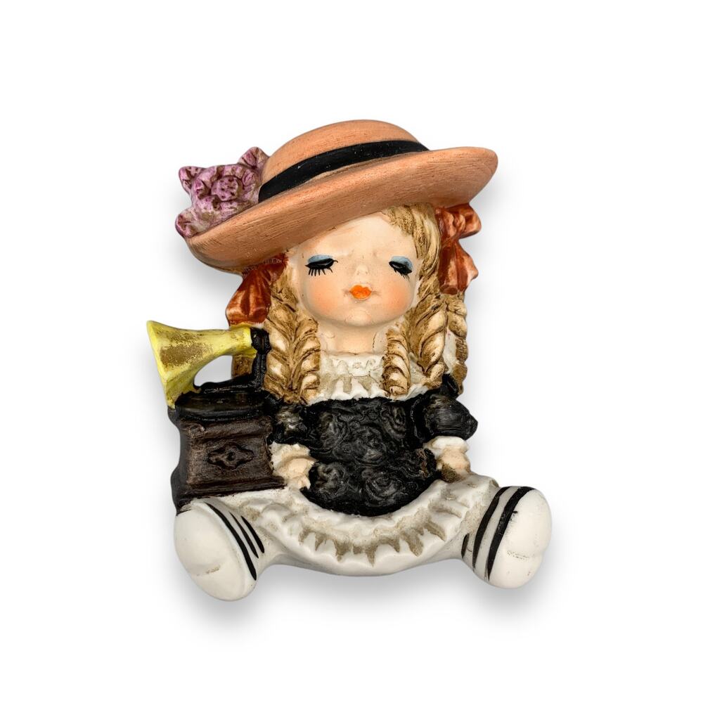 UCTCI Japan Kitsch Victorian Girl Phonograph Player Porcelain Dress Hat 4" VTG